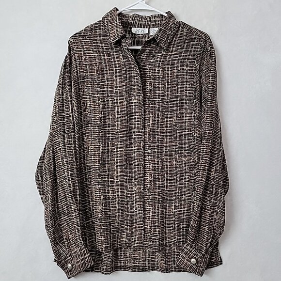 Vintage Reve Women's 100% Silk Button Front Blouse Size Medium Black Brown - Picture 2 of 10